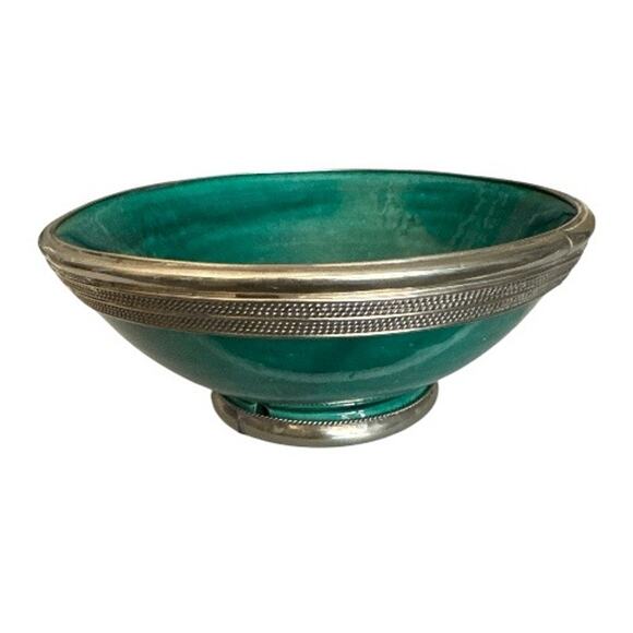 Vintage Green Silver Trimmed Moroccan SAFI Serving Bowl - Picture 9 of 10